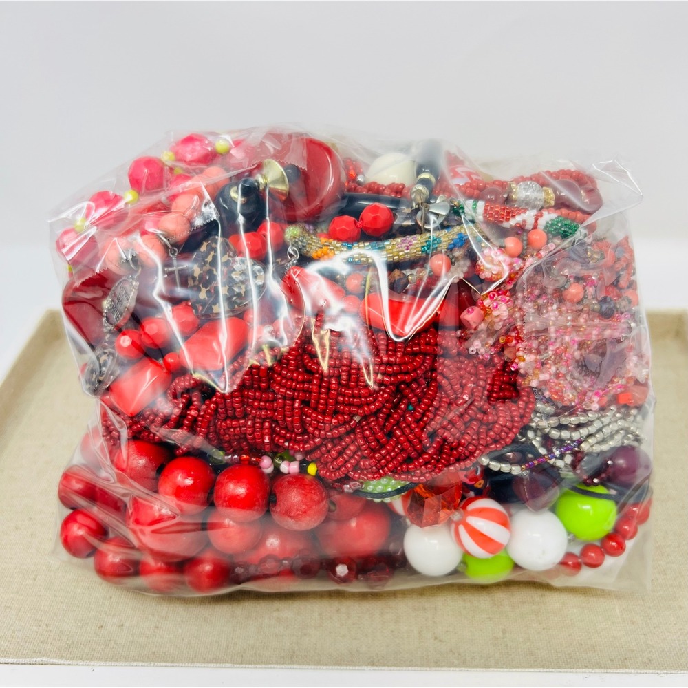 Vintage & Modern Red Colored Beaded Necklace, Mystery Jewelry Lot 3 LBS